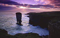 Yesnaby Castle sea stack, Orkney Is, Scotland, UK, at stormy sunset