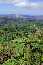 Lowland forest + Mount Yasur volcano erupting, Tanna Island, Vanuatu, Melanesia