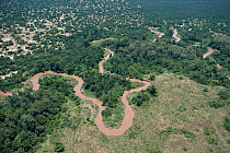 Aerial view of Ishasha river near the former Zaire - Uganda border, Virunga NP, Democratic Republic of Congo
