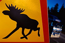 Moose warning sign on roadside, Sweden.