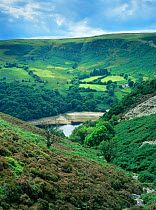 Looking down valley to Garreg Ddu reservoir and surrounding hillsides, Elan Valley, Mid Wales, UK