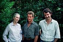 Dr Jane Goodall with her son 'Grub' and Dr Christophe Boesch, 1989