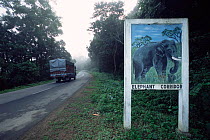 Elephant warning sign on road in Animal Corridor, Kaziranga National Park, Assam, India