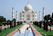 Taj Mahal with men maintaining the water features, Agra, Uttar Pradesh, India