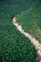 Aerial view river and wooded mountain of Sierra de Tamaulipas sky island, Mexico