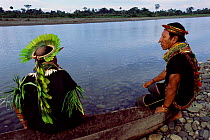 Cofan indian man with head-dress of Parrot feathers, Amazonia, Ecuador 2004 Atanacio