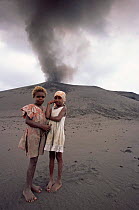 Children on ash plain, Mount Yasur, Tanna, Vanuatu, Melanesia
