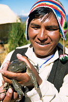 'Uros' reed people, holding Lake Titicaca frog {Telmatobius culeus} Peru