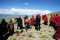Local people at frog gathering ceremony, Lake Titicaca, Andes, Peru Lake