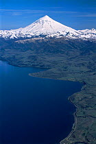 Aerial view of Lake Huechulafquen with Lanin volcano, Lanin National Park, Argentina