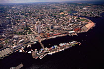 Aerial view of Manaus city and floating harbour, Amazonas, Brazil