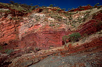 Hamersley Gorge in Karijini Natinal Park, showing tectonic bands of iron and silica. Australia