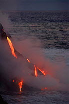 Pahoehoe lava flows off Lae' apuki bench into sea, Kilauea active volcano, Hawaii, USA. Jan 2000
