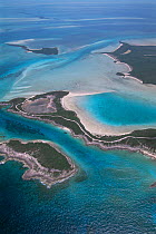 Aerial view of Exuma Cays, Great Bahama Bank, Bahamas.