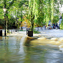 River Wey flooding over bridge, Guildford. Surrey, UK.