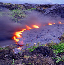 Volcanic lava flowing over road. Hawaii.
