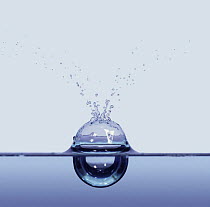 Water droplet landing in water showing a hemispheric depression.