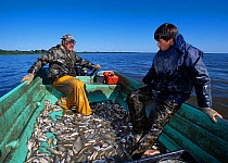 Two fishermen in a boat in Lake Vortsjarv, Estonia.