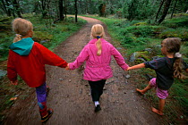 Three girls on a walk in the woods in Sweden, summer