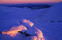 Dawn light catching snow sculpted rocks in Cairngorms National Park, Scotland, UK.