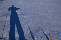 Shadow of Cross country skier in snow, Varmland, Sweden.
