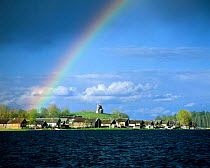 Rainbow over Vershinino C18th St Nikola Chapel, Kenozersky NP. Lake Kenozero, Russia.