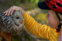 Child with Ural owl {Strix uralensis}, Vastmanland, Sweden.