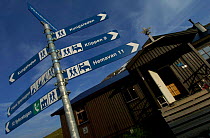 Hiking signpost in Vindelfjallen Nature Reserve, Lapland, Sweden.