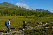 Family hiking in Vindelfjallen Nature Reserve, Lapland, Sweden.