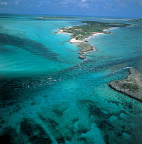 Aerial view of islands in The Bahamas showing water currents, Caribbean