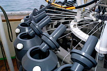 CTD (conductivity, temperature, depth) water sampling equipment, bottles loaded, on board research boat GO Sars. Atlantic ocean deep sea research