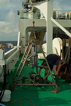 Preparing Lander on deck of deepsea research ship GO Sars, Atlantic ocean