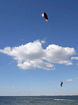 Kite surfer being lifted out of water, Playa de Gola, Santa Pola, Alicante, Spain.