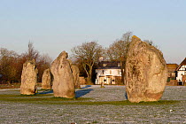Avebury Stone Circle (World Heritage Site) with buildings from Avebury village behind.  Avebury, Wiltshire, UK