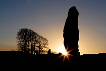 Silhouette of stone megalith at sunrise, Avebury Stone Circle (World Heritage Site) Avebury, Wiltshire, UK
