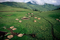 Aerial view of village huts in Crater Highlands, Ngorongoro conservation area, Tanzania.
