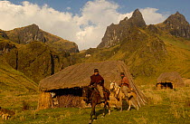 Chagras horsemen from Atillo Village near Sangay National Park. Typical houses made from Paramo grass. Ropes, also made from the grass, are hung over the roof to keep the grass in place in high winds....