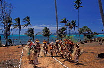 Dancers at Sing-Sing celebration with grass skirts, feathered headdress and shell jewellery. Tufi, Oro Province, Papua New Guinea
