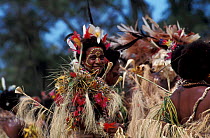 Female dancers at Sing-Sing celebration with grass skirts, face tattoos and shell jewellery. Tufi, Oro Province, Papua New Guinea