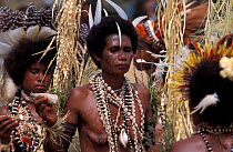 Female dancers at Sing-Sing celebration with grass skirts and shell jewelery. Tufi, Oro Province, Papua New Guinea