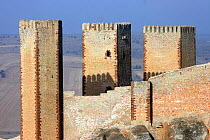Castle wall and turrets, Molina de Aragon Castle, Guadalajara, Spain.