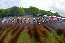 British Motocross Championship racing, Hawkstone Park, Shropshire, England, UK. Competitors lined up at start of race