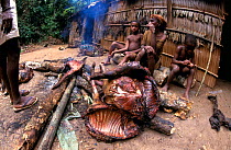 Bushmeat (Artiodactylan species) being smoked for preservation before transport to urban market, Central Africa. Trading in bushmeat is usually the woman's domain.
