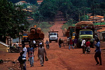 Logging town, Central Africa tropical rainforest. Traditional people are attracted to the temporary boom economy, thus destroying sustainable ways of life.