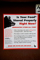 Bear information sign on storage box for campsite food, Yosemite NP, California, USA