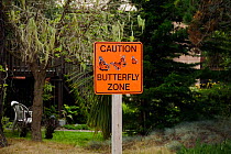Sign warning of Monarch butterfly migration / roosing site, California, USA.