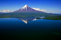 Kronotsky Volcano with reflection in Kronotsky Lake - the largest freshwater lake on the Kamchatka peninsula, formed after the eruption of two volcanoes created a lava barrier that water could not bre...