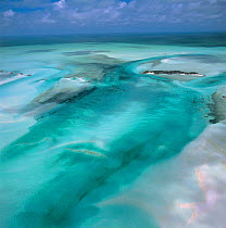 Aerial view of coastal waters, islands and reefs off Exhumas islands, The Bahamas, Caribbean sea