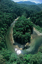 Aerial view of horseshoe bend in upper reaches of the Chagres river, Panama, Central America