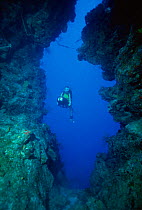 Diver exploring 'The canyons' with underwater scooter, Grand Turk, Turks and Caicos Is, Caribbean